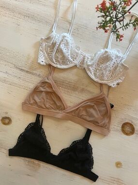 Three-Piece Lace & Mesh Bralette Set - White, Nude, Black